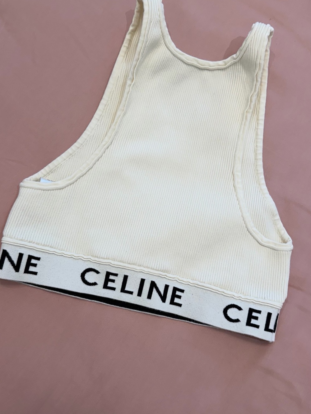 CELINE Cream Ribbed Racerback Logo Band Crop Top - Picture 3 of 4